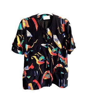 Vintage LOOKS Women Button Front Crop Jacket Top Abstract Design Colorful Sz.10